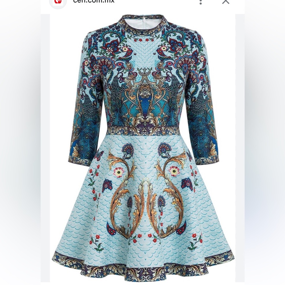 Comino Couture London Peacock Skater Dress Blue Baroque Print Party Event XS / S - Picture 3 of 10